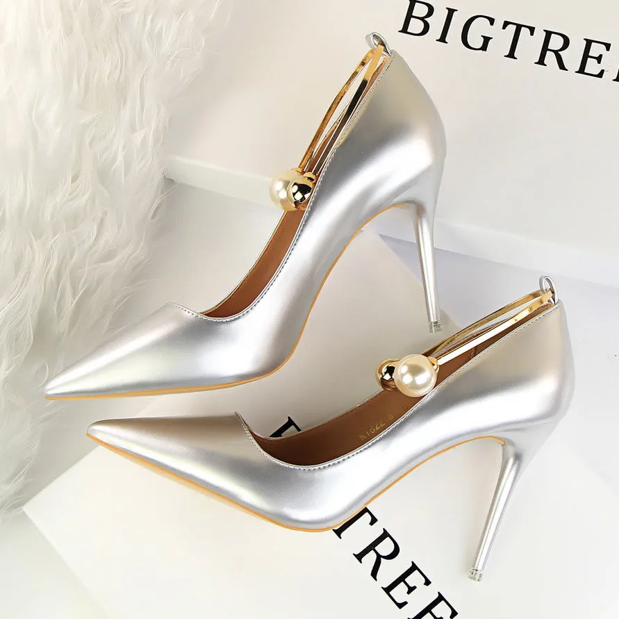 Beads PU Stiletto Heel Pointed Toe High Heels Party Shoes