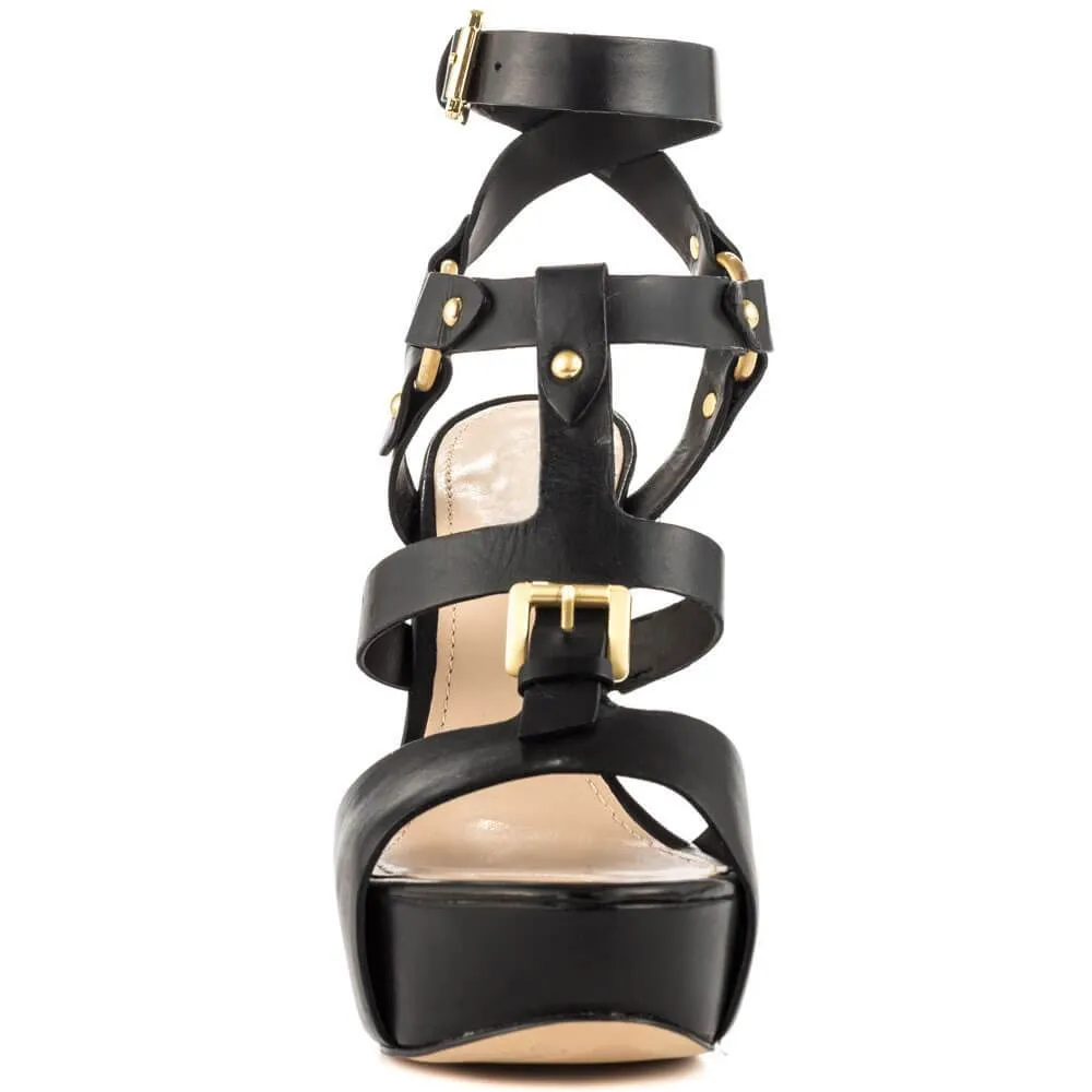 Black Leather Cutout Platform Open Toe High Heel Sandals