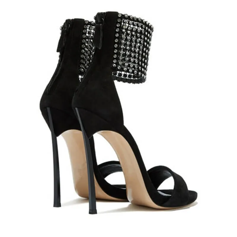 Black Suede Rhinestone Open Toe High Heel Sandals