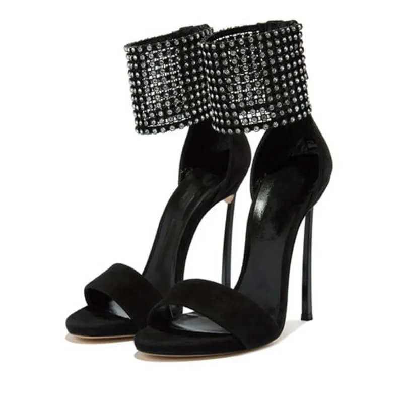 Black Suede Rhinestone Open Toe High Heel Sandals