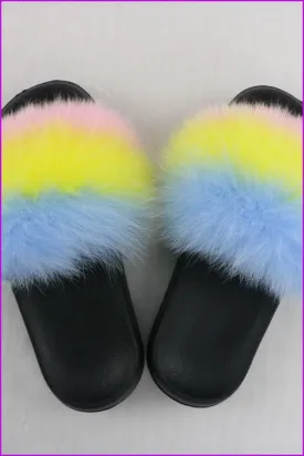 Blue Yeloow Pink Mixed Fur Slides F726-02