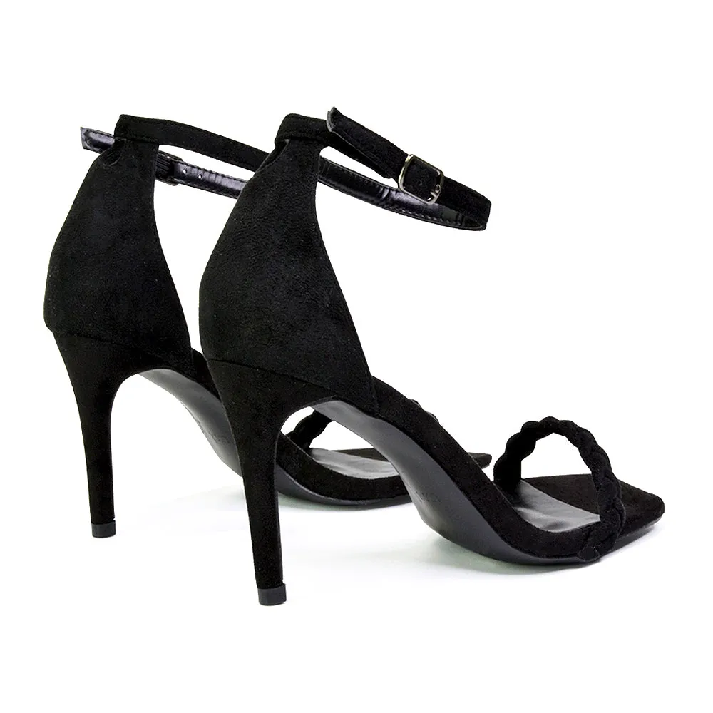 Brookes Woven Strappy Square Toe Stiletto High Heel Sandals in Black