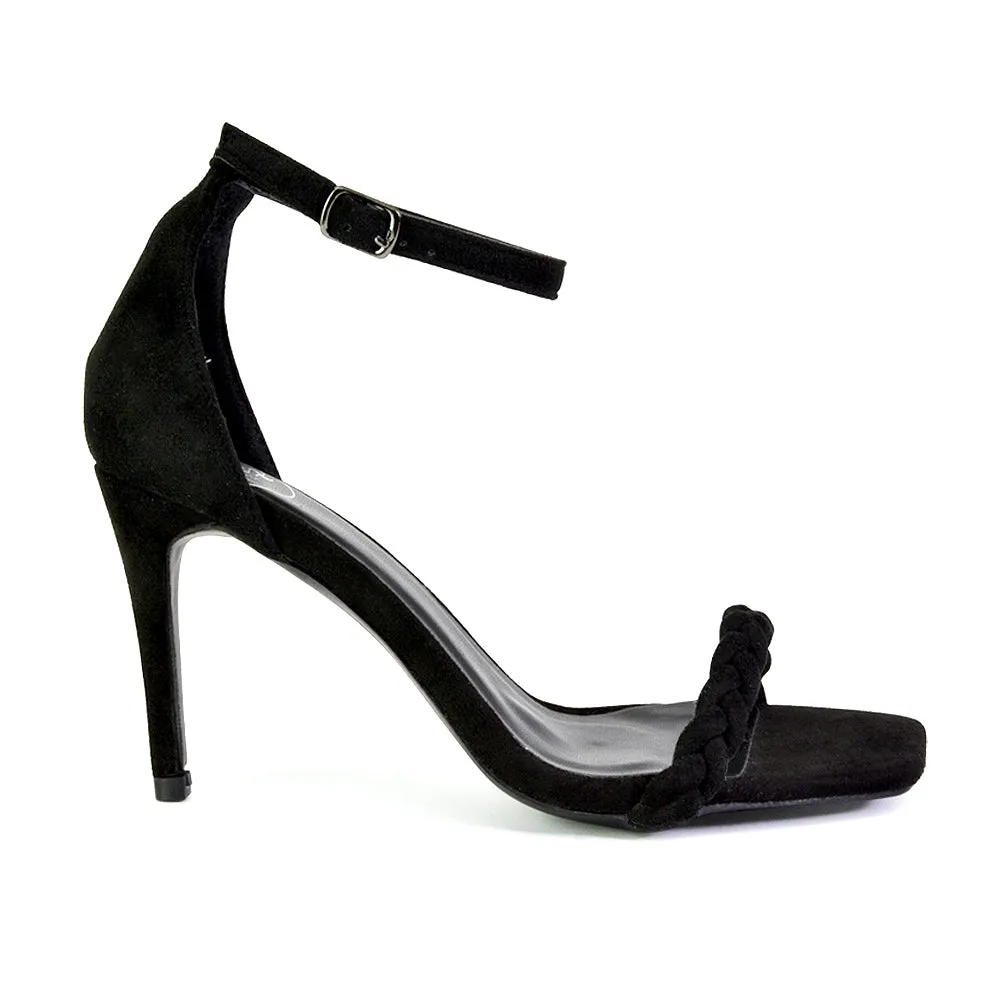 Brookes Woven Strappy Square Toe Stiletto High Heel Sandals in Black