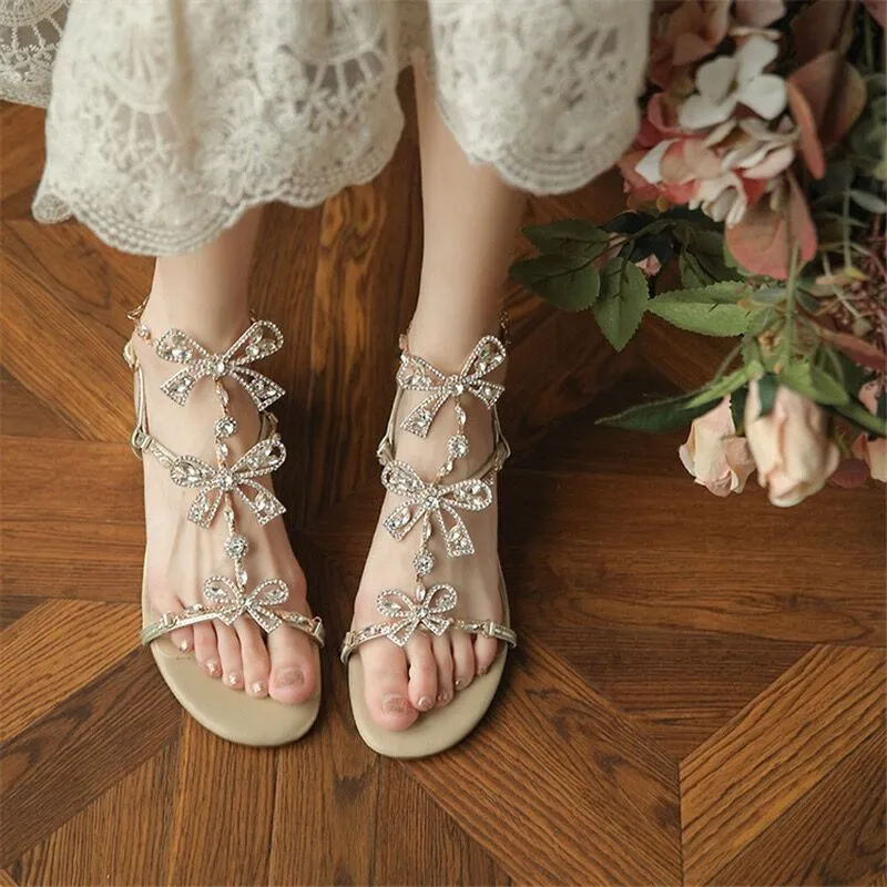 Butterfly Bow French Fairy Style Strappy Chunky Heeled Crystal High Heels Sandals