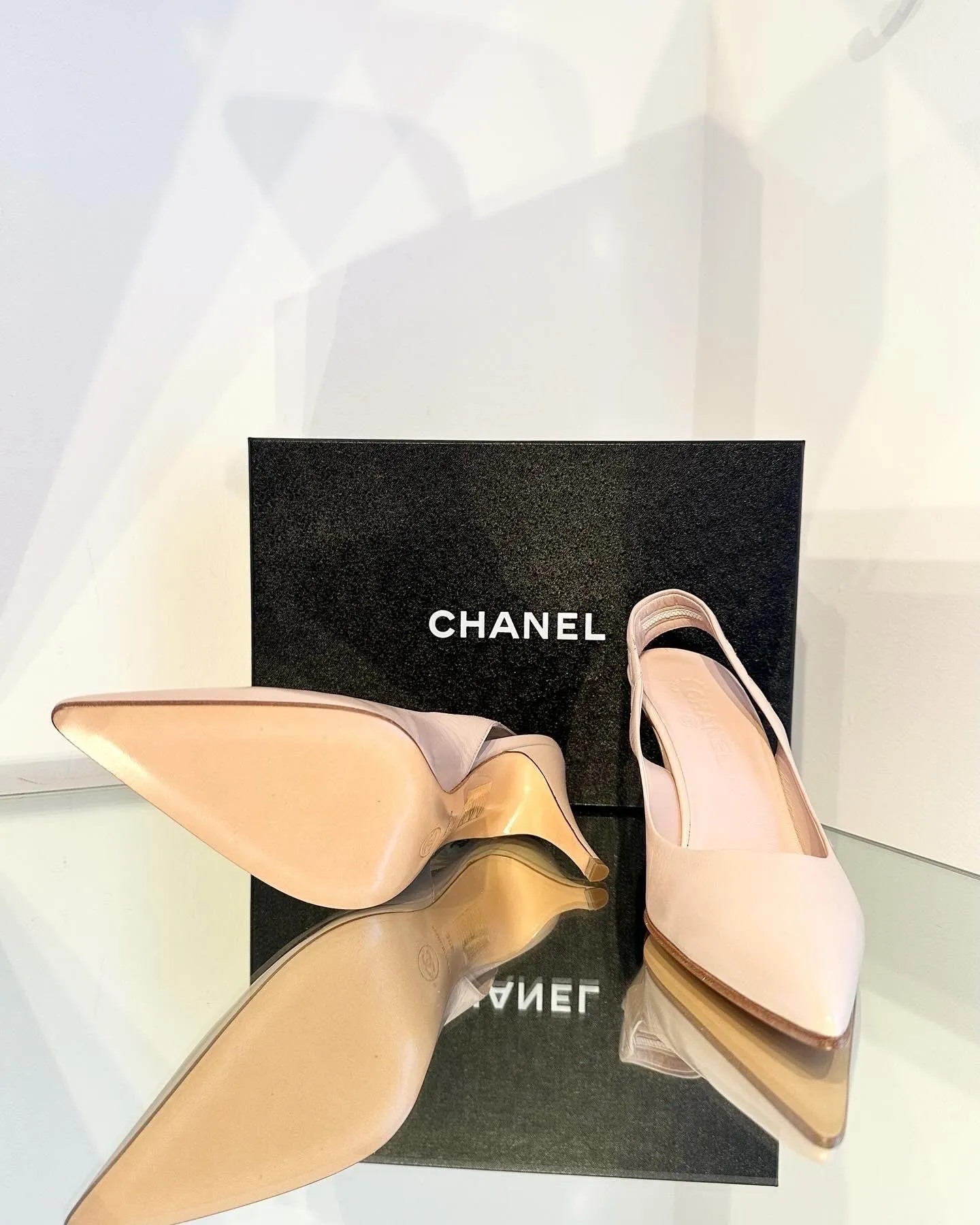 CHANEL Pointed Toe Mid Heel Leather Slides