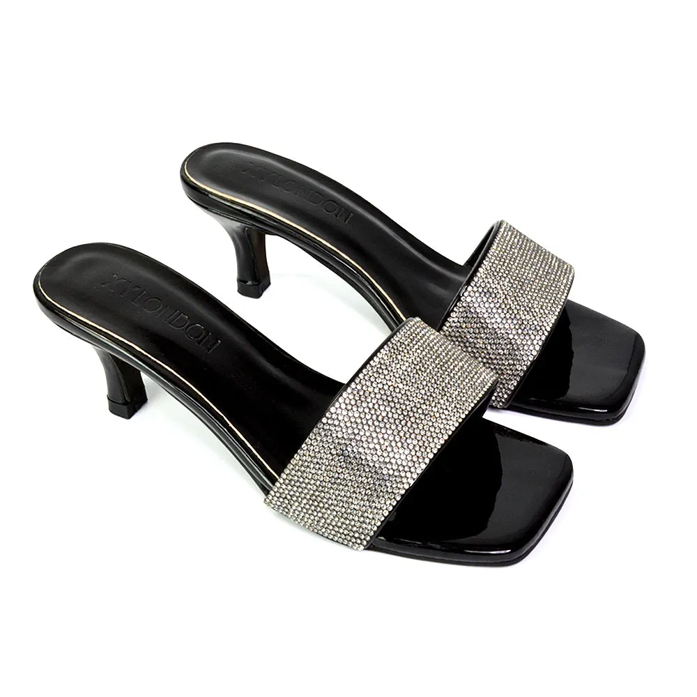 Chia Diamante Sparkly Strappy Square Toe Mid Kitten Heels Mules In Black