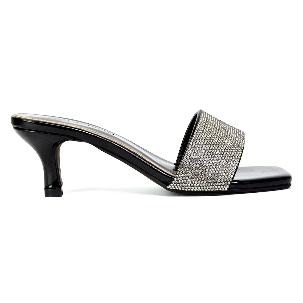 Chia Diamante Sparkly Strappy Square Toe Mid Kitten Heels Mules In Black