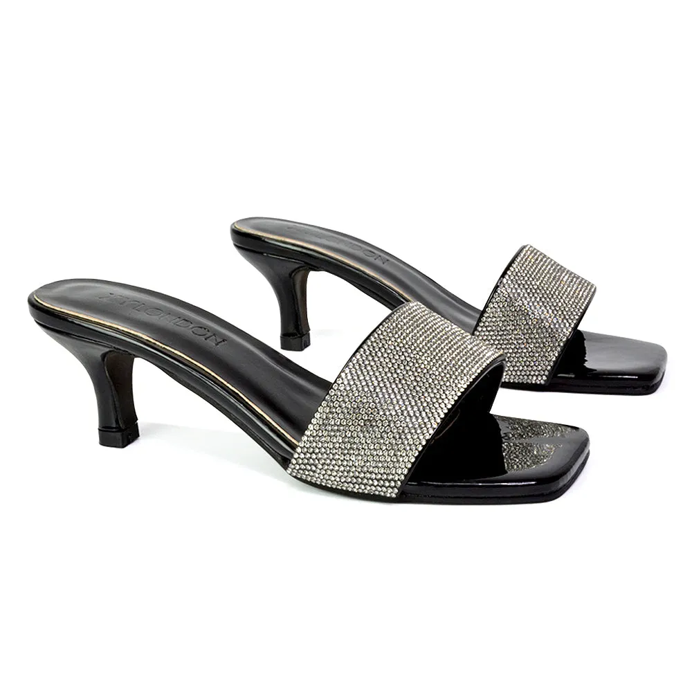 Chia Diamante Sparkly Strappy Square Toe Mid Kitten Heels Mules In Black