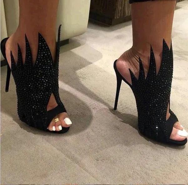 Crystal Irregular Cut Peep-toe Stiletto Hight Heels Slipper Sandals