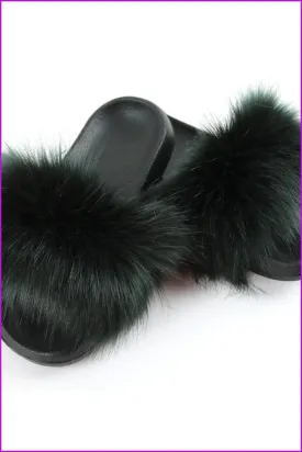 Dark Green Faux Fake Big Fur Slides F152