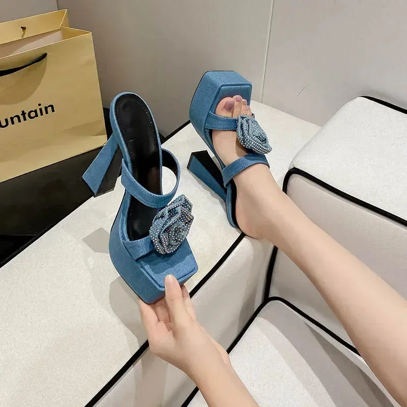 Denim Blue Crystal Flower Design Peep Toe Platform Slippers Thick High Heel High Heel