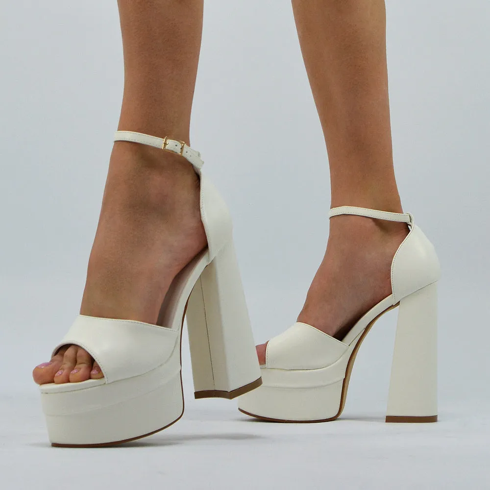 Elma Peep Toe Strappy Block High Heel Platform Sandals in White Synthetic Leather