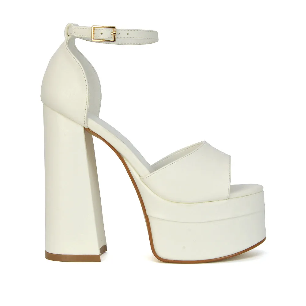 Elma Peep Toe Strappy Block High Heel Platform Sandals in White Synthetic Leather