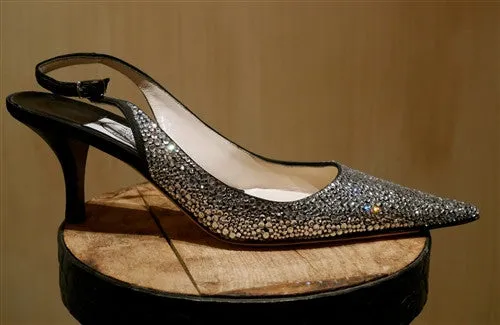 Emma Hope Black Satin Strass Crystal Sling Back Shoes