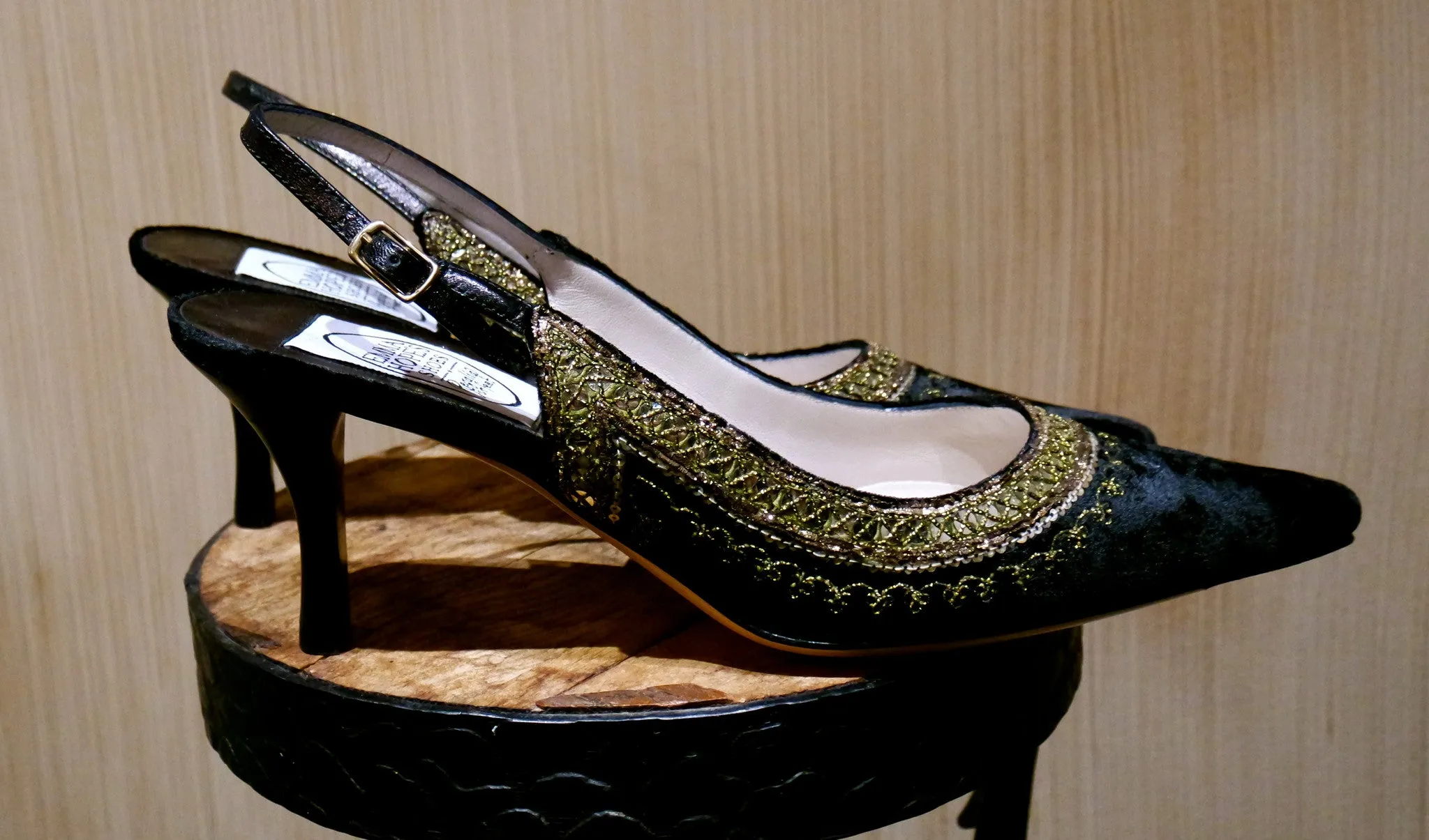 Emma Hope Black Velvet Slingback with Tunic Edge Gold Embroidery