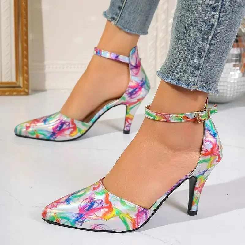 Fashion Ankle Strap Spring Pointed Toe Mixed Colors Buckle Dress High Heel