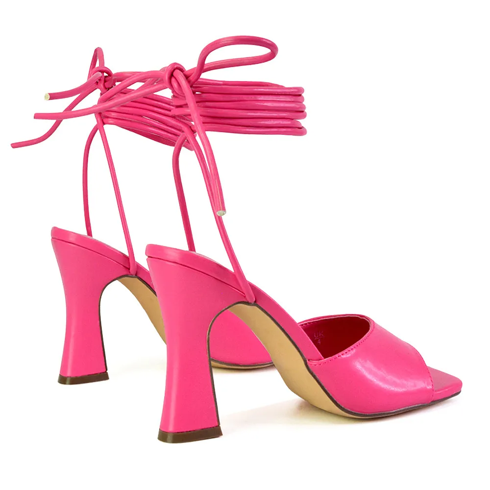 Flora Strappy Lace Up Block High Heels With a Square Toe in Lilac