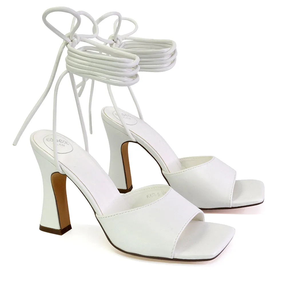 Flora Strappy Lace Up Block High Heels With a Square Toe in Lilac