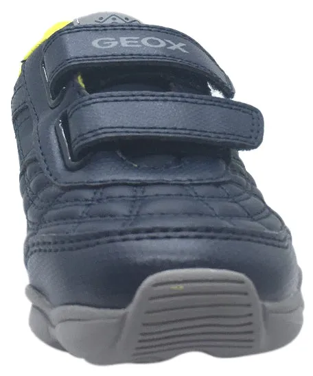 Geox Boy's Munfrey Leather Navy Grey Double Hook and Loop Strap Sporty Spiderweb Low Top Breathable Sneaker