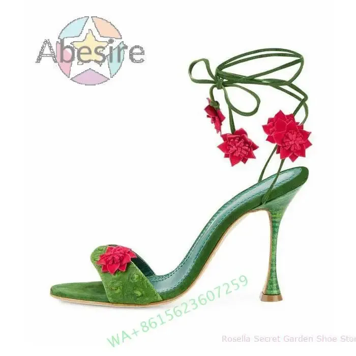 Green Petal Stiletto Sandals Female Summer Sexy Dress Modern Sandals High Heels