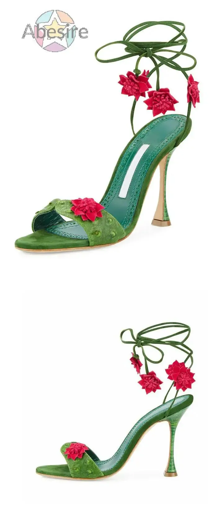 Green Petal Stiletto Sandals Female Summer Sexy Dress Modern Sandals High Heels