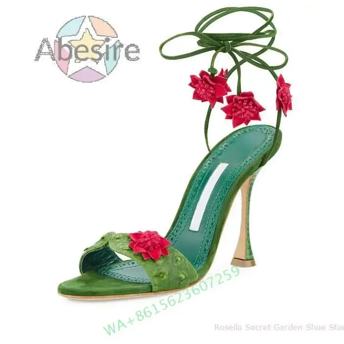 Green Petal Stiletto Sandals Female Summer Sexy Dress Modern Sandals High Heels