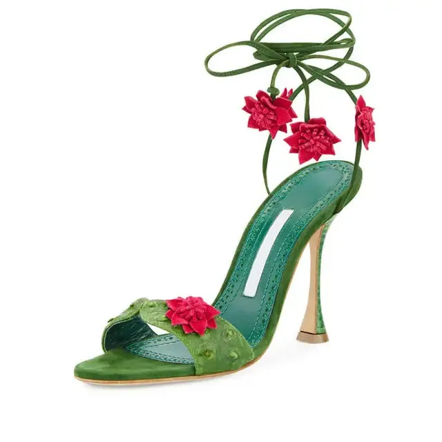 Green Petal Stiletto Sandals Female Summer Sexy Dress Modern Sandals High Heels