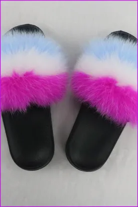 Hot Pink White Blue Mixed Fur Slides F726-04