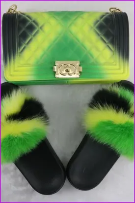 Jamaica Flag Green Yellow Black Fur Slides & Bag Set F727 B12