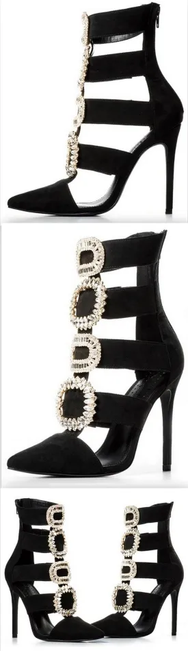 Jewel-Buckled Black Suede Gladiator Sandals