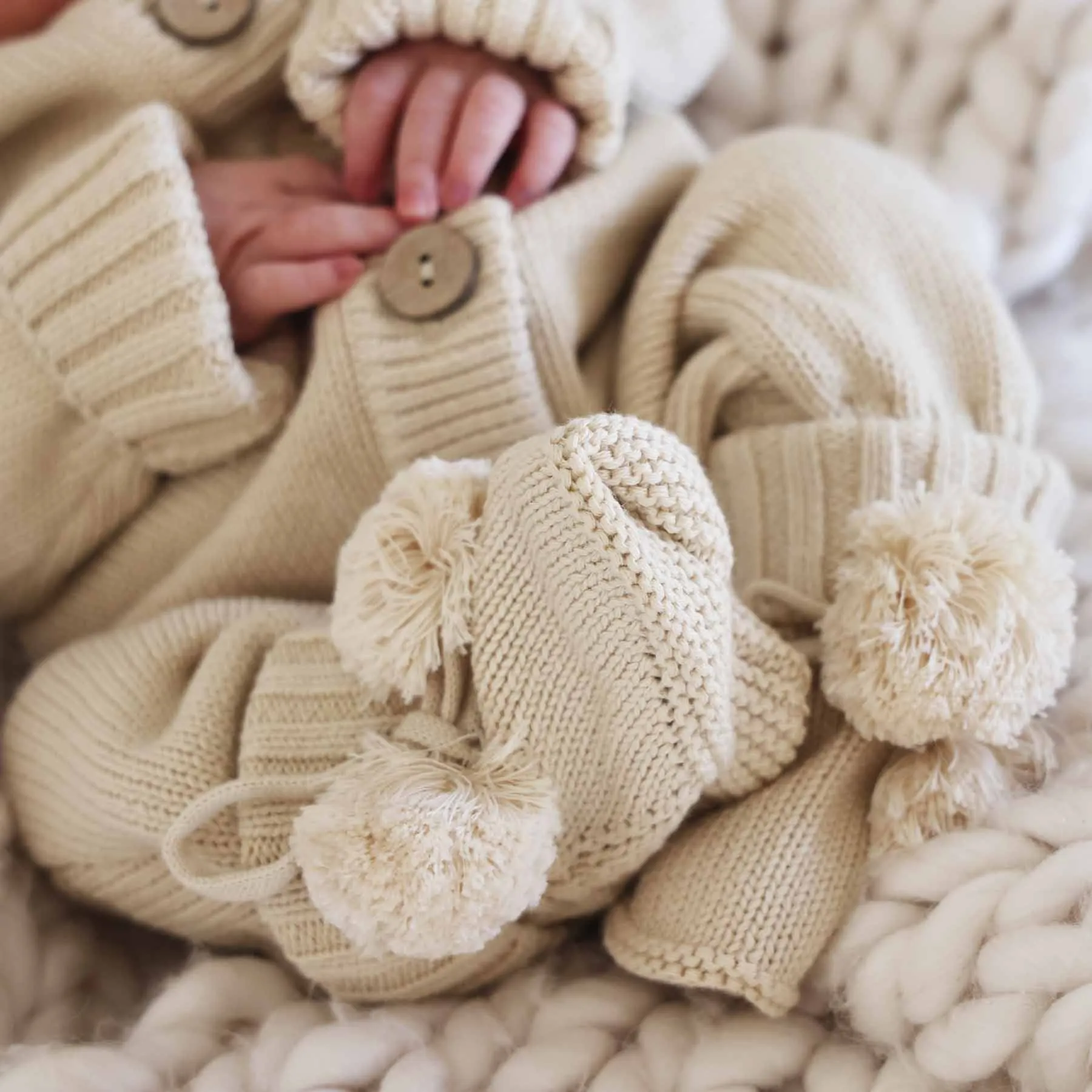 Knit Pom Pom Baby Booties | Sand*