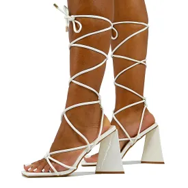 Krystal Strappy Lace Up Square Toe Flared Block High Heel in White Patent