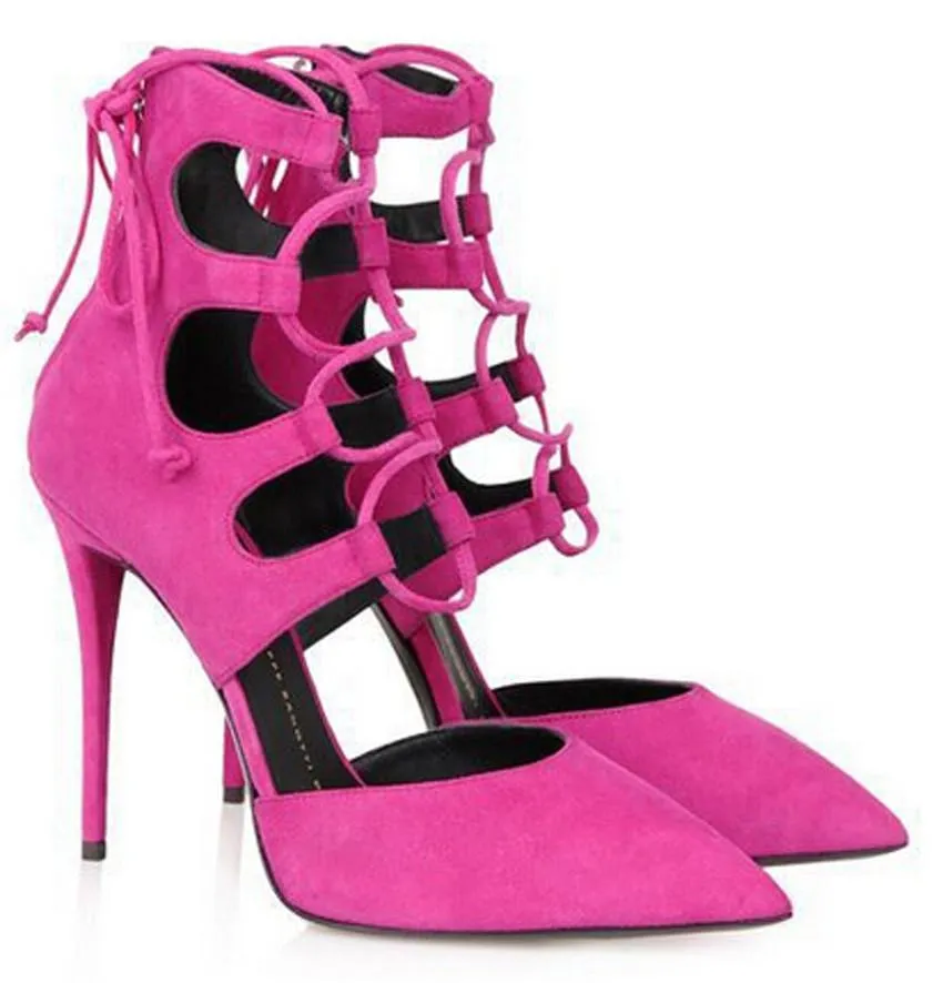 Lace-Up Suede Heel Pumps - Fuchsia Pink or Black