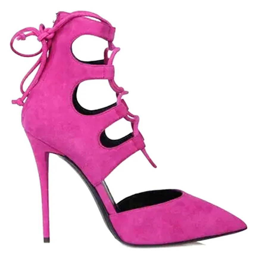 Lace-Up Suede Heel Pumps - Fuchsia Pink or Black