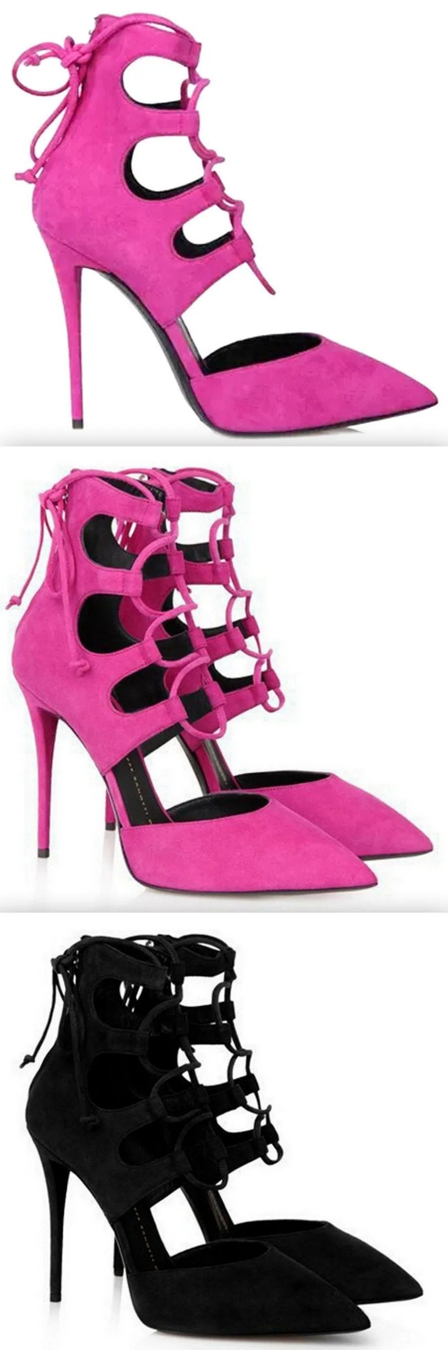 Lace-Up Suede Heel Pumps - Fuchsia Pink or Black