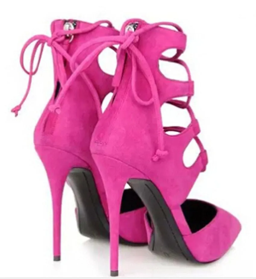 Lace-Up Suede Heel Pumps - Fuchsia Pink or Black