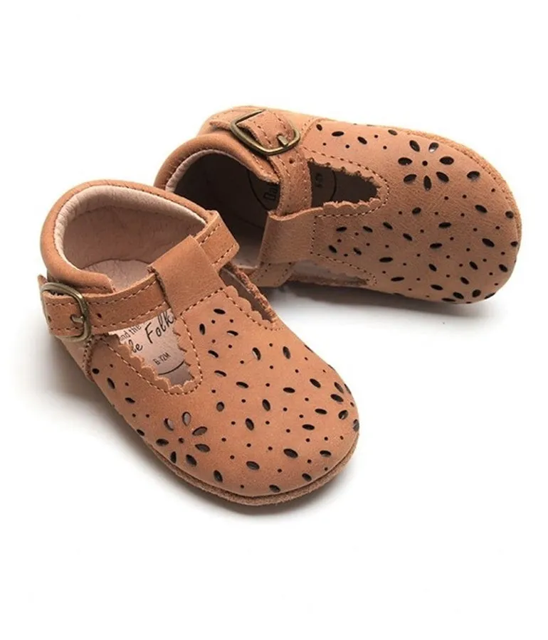 Leather Soft Sole Lace T-Bar Shoes - Tan