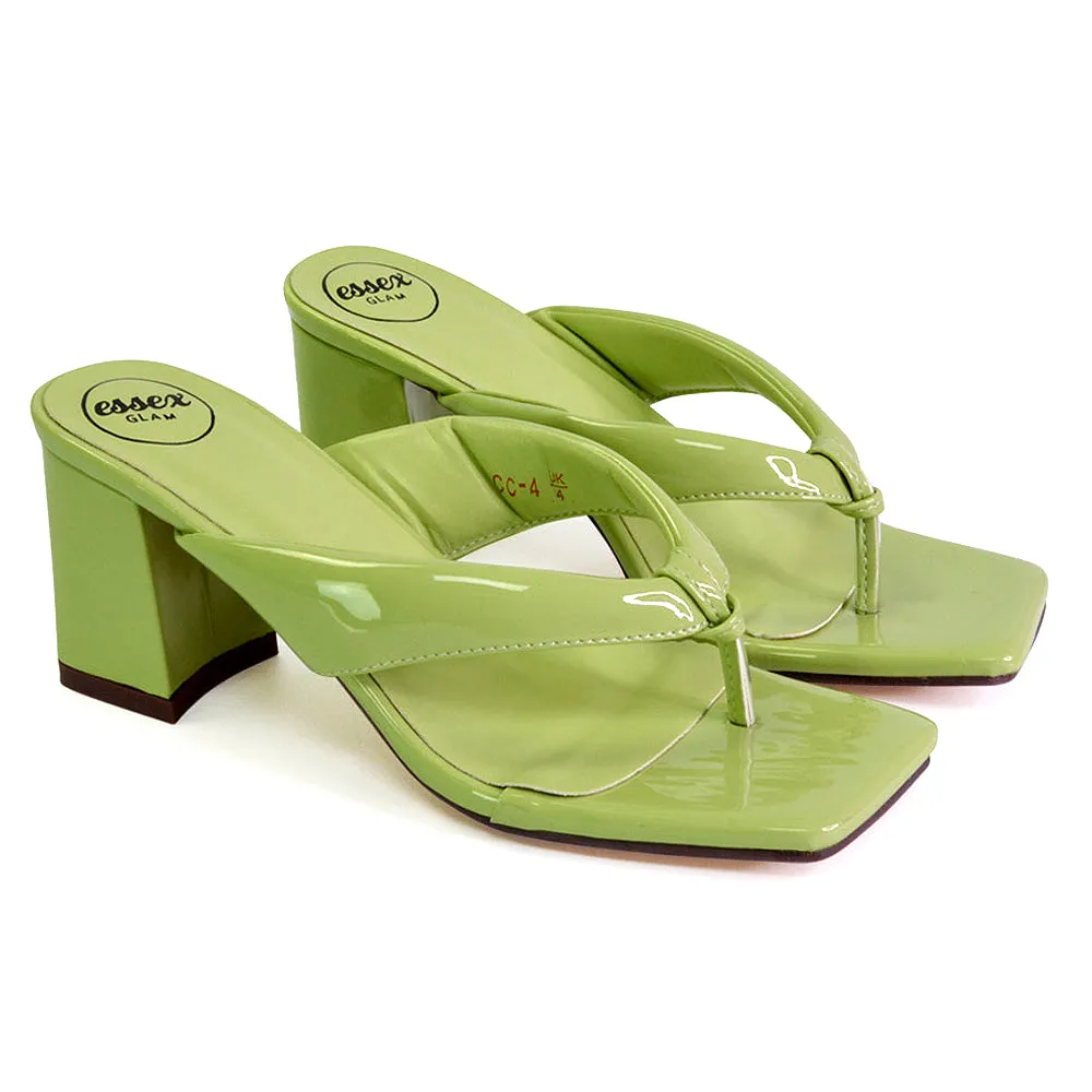 Lylia Square Toe Toe Post Thong Mid Block Heel Sandal Mules in Green