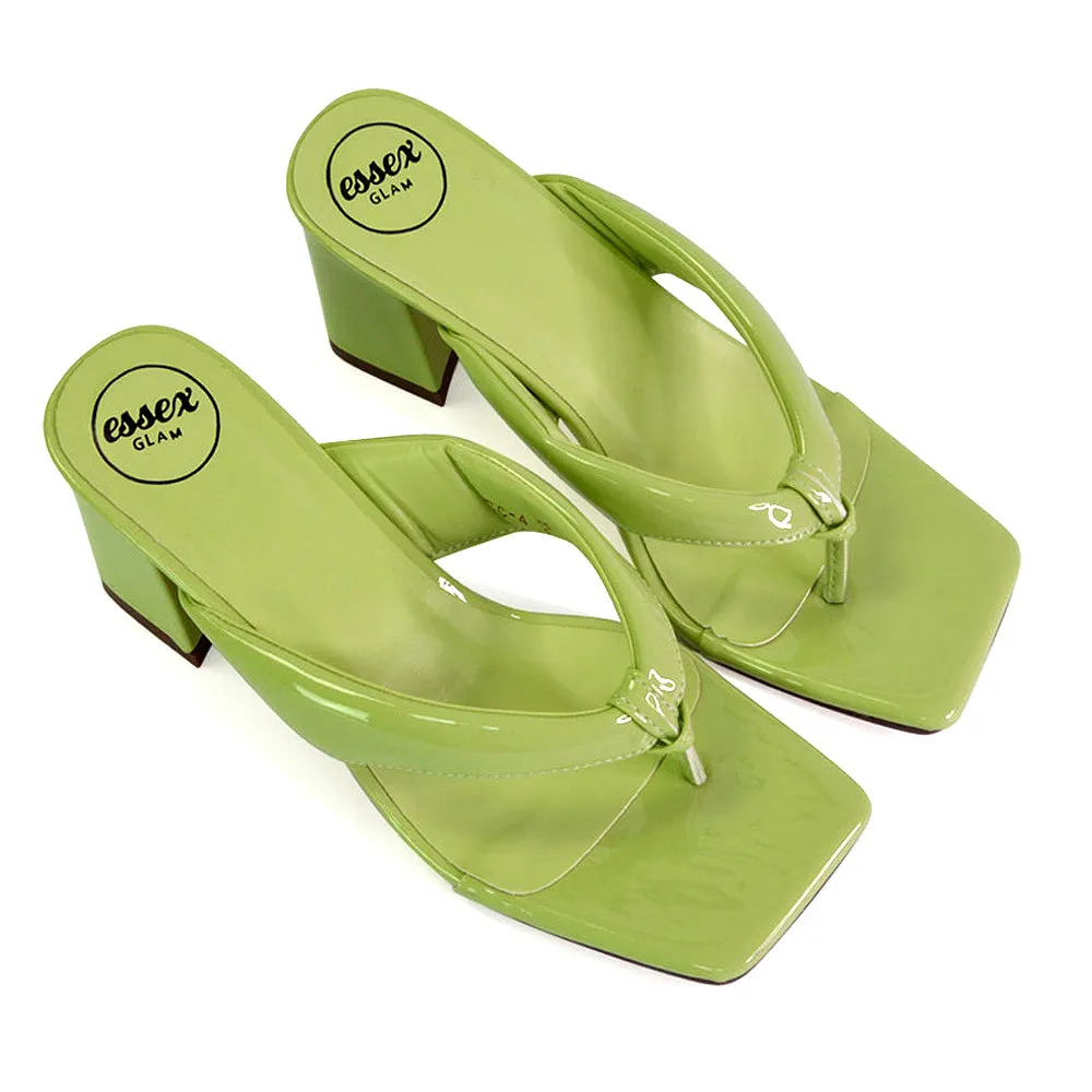 Lylia Square Toe Toe Post Thong Mid Block Heel Sandal Mules in Green