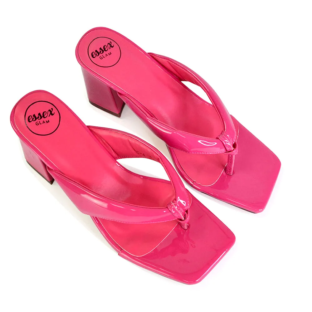 Lylia Square Toe Toe Post Thong Mid Block Heel Sandal Mules in Pink