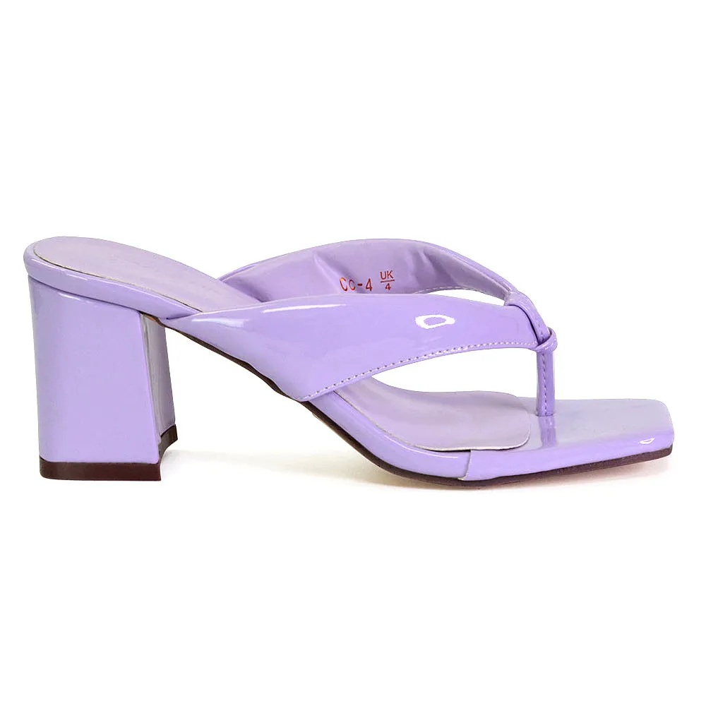 Lylia Square Toe Toe Post Thong Mid Block Heel Sandal Mules in Pink