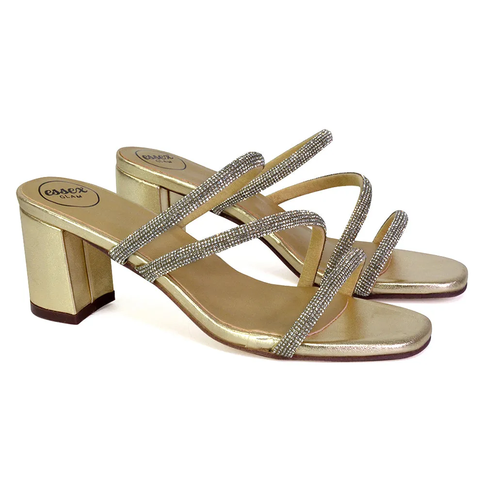 Mckenna Diamante Strappy Square Toe Block High Heel Mules in Gold