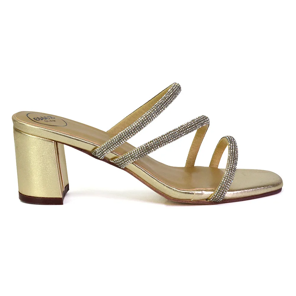 Mckenna Diamante Strappy Square Toe Block High Heel Mules in Gold