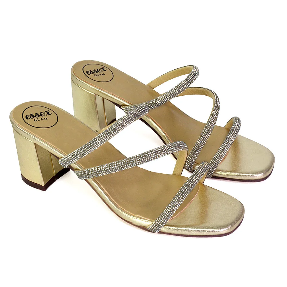 Mckenna Diamante Strappy Square Toe Block High Heel Mules in Gold