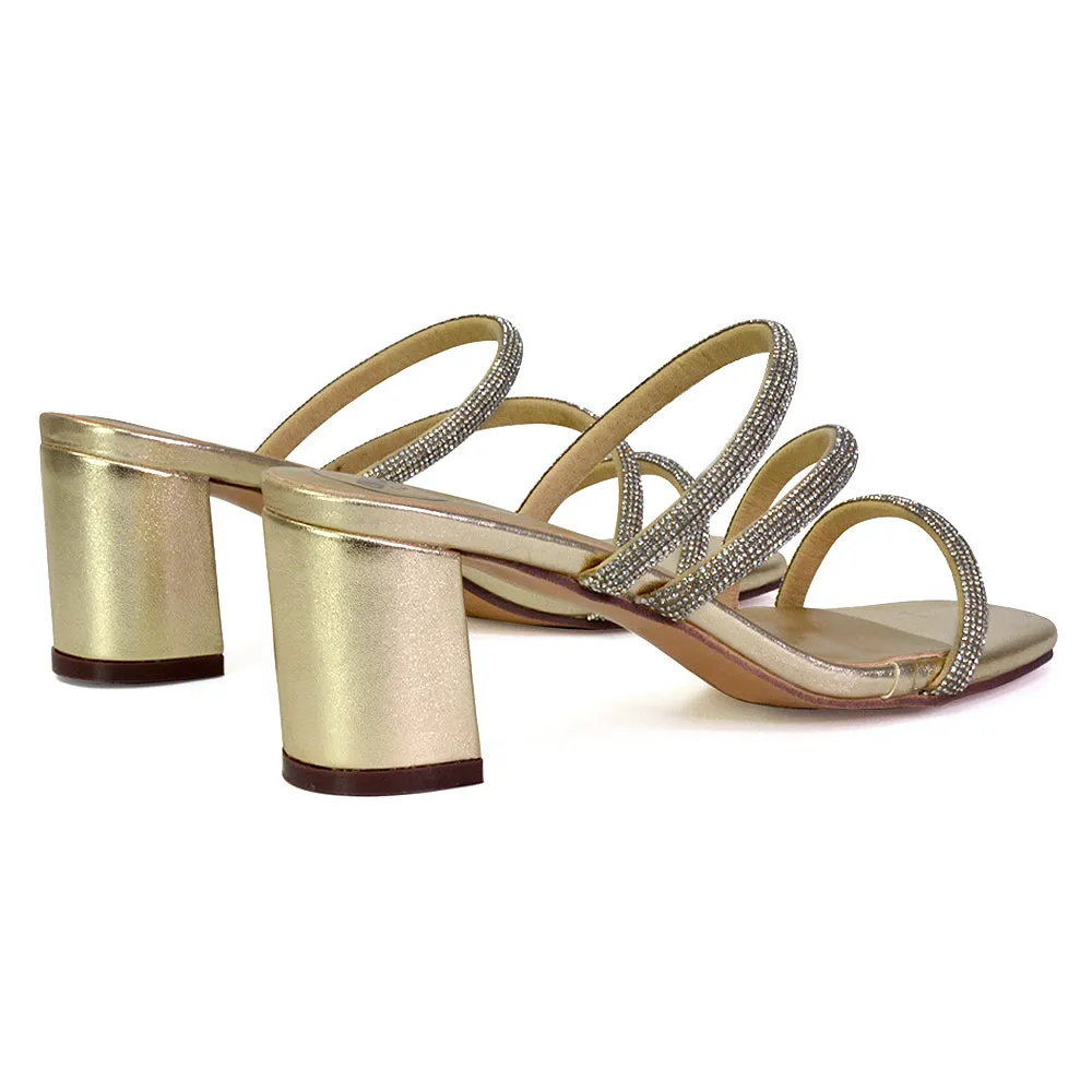 Mckenna Diamante Strappy Square Toe Block High Heel Mules in Gold