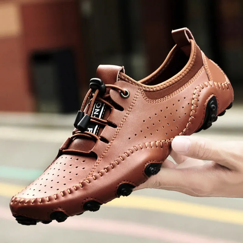 Men's Handmade Leather Breathable Casual Soft-soled Peas Shoes Driving Shoes Sneakers