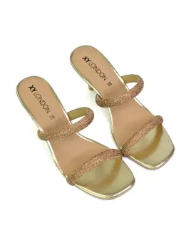 Nancy Square Toe Diamante Strappy Slip On Low Kitten Heel Mules in Gold