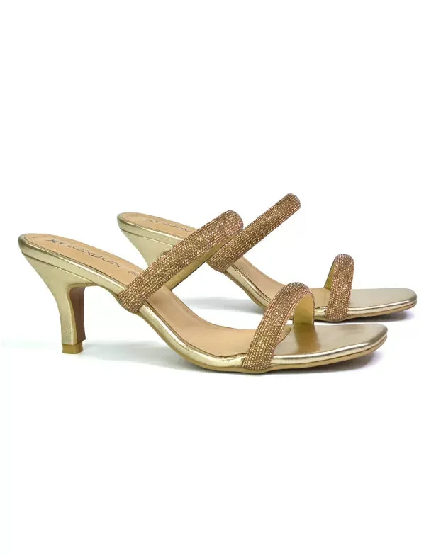 Nancy Square Toe Diamante Strappy Slip On Low Kitten Heel Mules in Gold