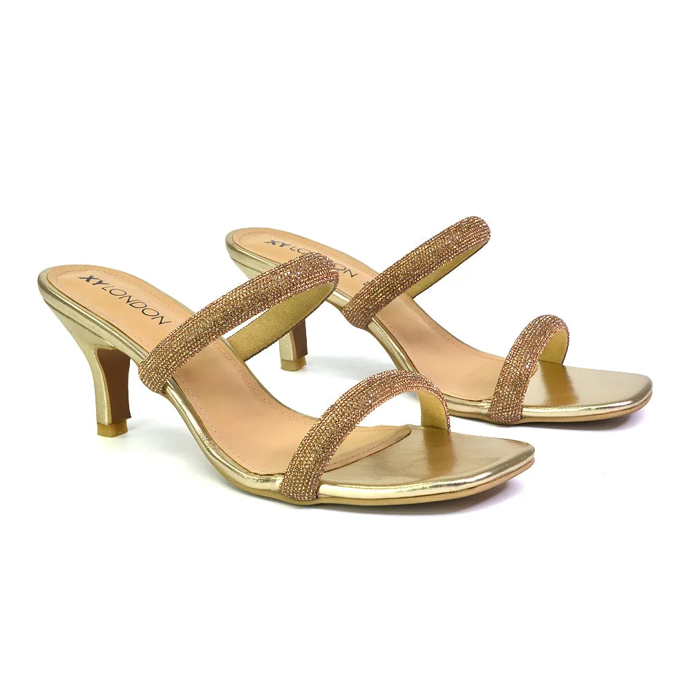 Nancy Square Toe Diamante Strappy Slip On Low Kitten Heel Mules in Gold