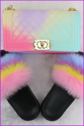 Pink Yellow Purple Blue Fur Slides & Bag Set F727 B10